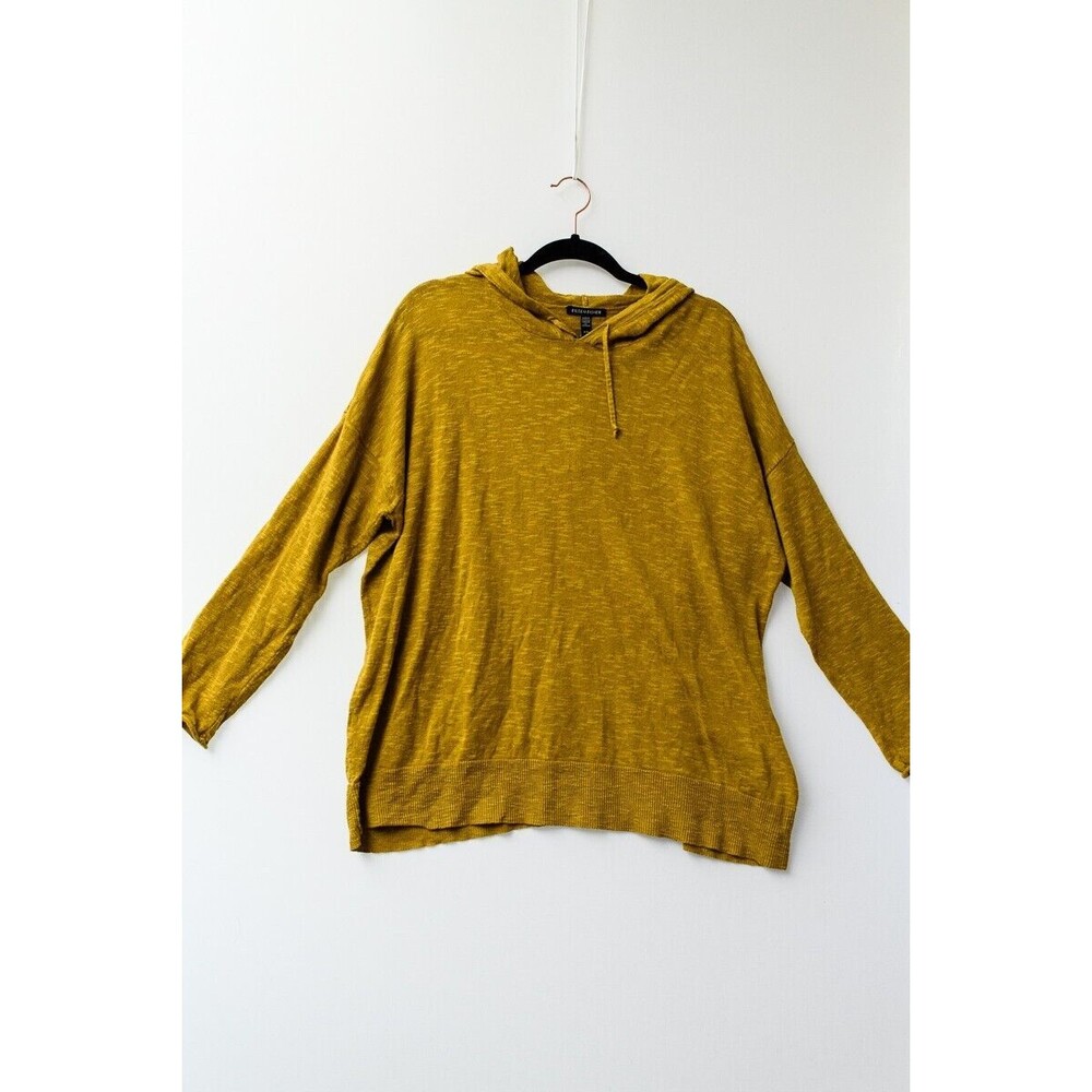 Eileen Fisher‎ womens M hooded sweater Organic Linen/Cotton mustard yellow
